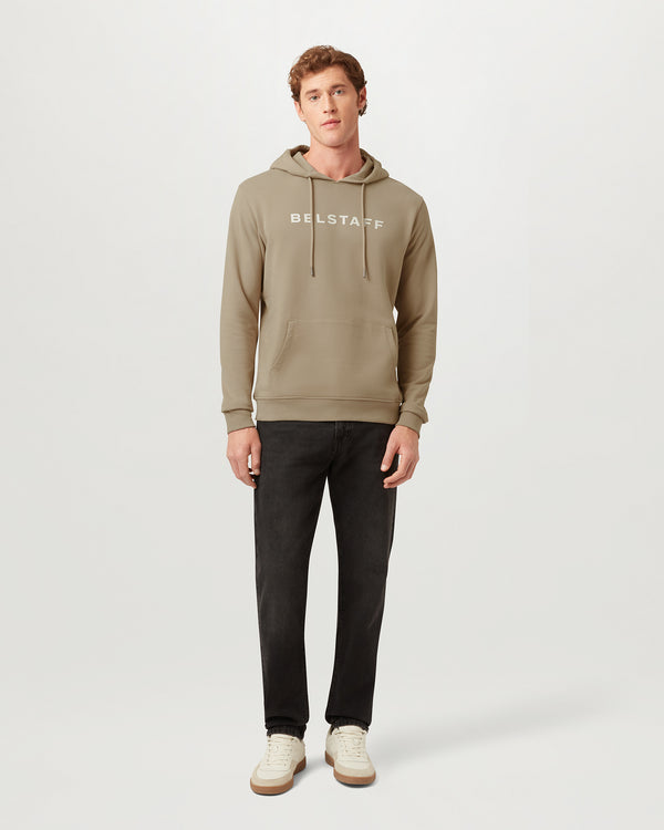 Men's Cotton Fleece Belstaff Logo Hoodie in Dark Sand | Belstaff US