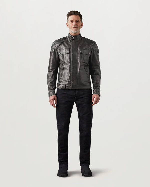 Men's Hand Waxed Leather Brooklands Motorcycle Jacket in Antique Black | Belstaff ROW