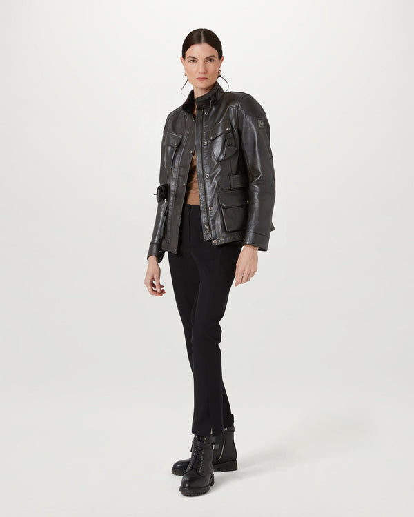 Women's Hand Waxed Leather Trialmaster Motorcycle Jacket in Antique Black | Belstaff ROW