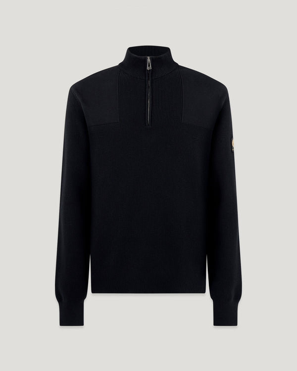 Men's Organic Cotton Commander Quarter Zip Jumper in Black | Belstaff ROW