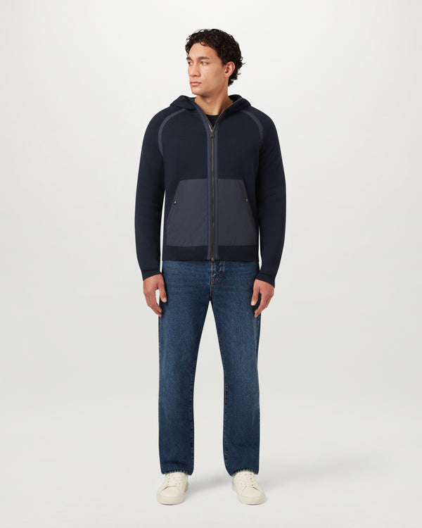 Men's Cotton Milano Mix Media View Hooded Full Zip in Dark Ink | Belstaff US