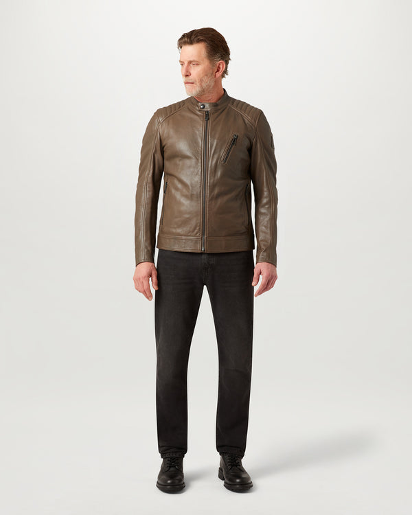 Men's Cheviot Leather V Racer Jacket in Fatigue Green | Belstaff ROW
