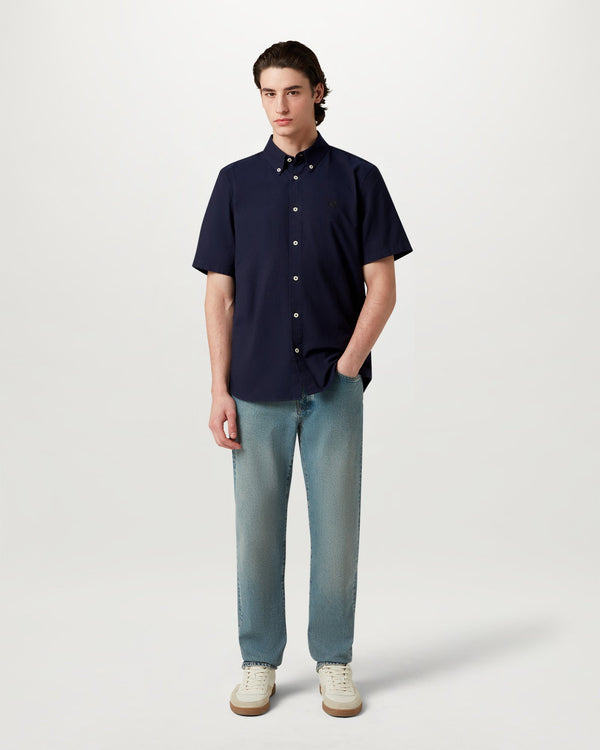 Men's Compact Cotton Oxford Short Sleeve Street Shirt in Dark Ink | Belstaff US