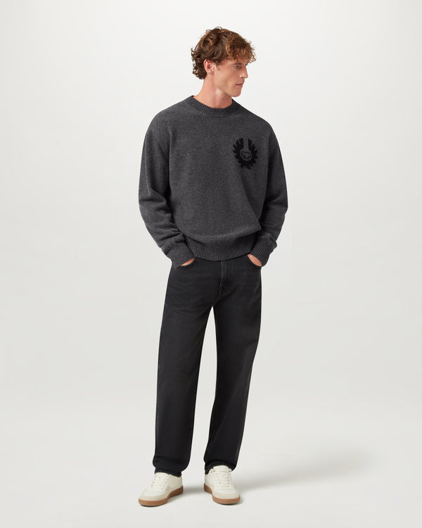 Men's Merino Wool Competition Crewneck Jumper in Charcoal Melange | Belstaff ROW