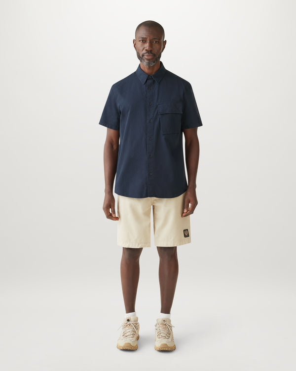 Men's Garment Dye Cotton Scale Short Sleeve Shirt in Dark Ink | Belstaff ROW