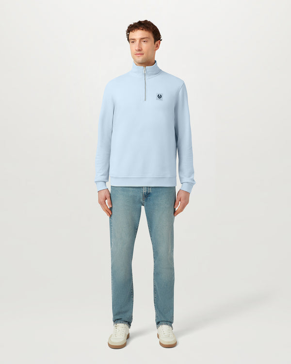 Men's Cotton Fleece Belstaff Quarter Zip Sweatshirt in Sky Blue | Belstaff US