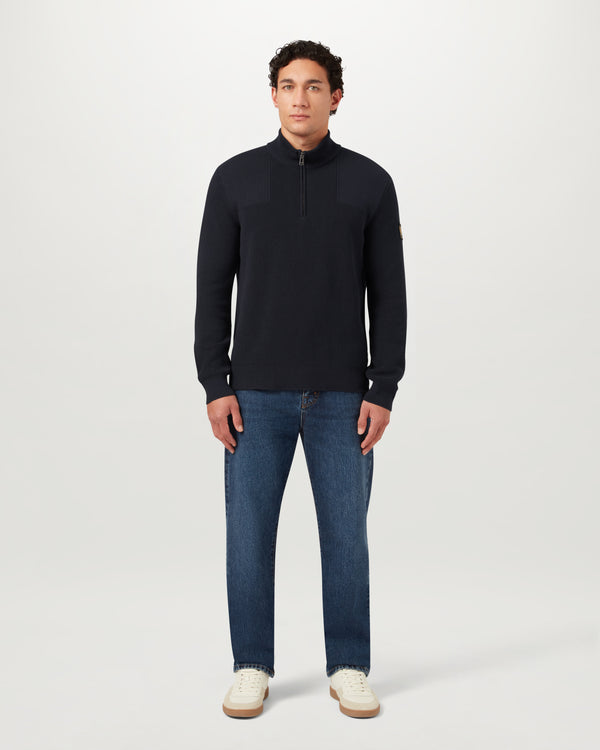 Men's Organic Cotton Commander Quarter Zip Jumper in Dark Ink | Belstaff US
