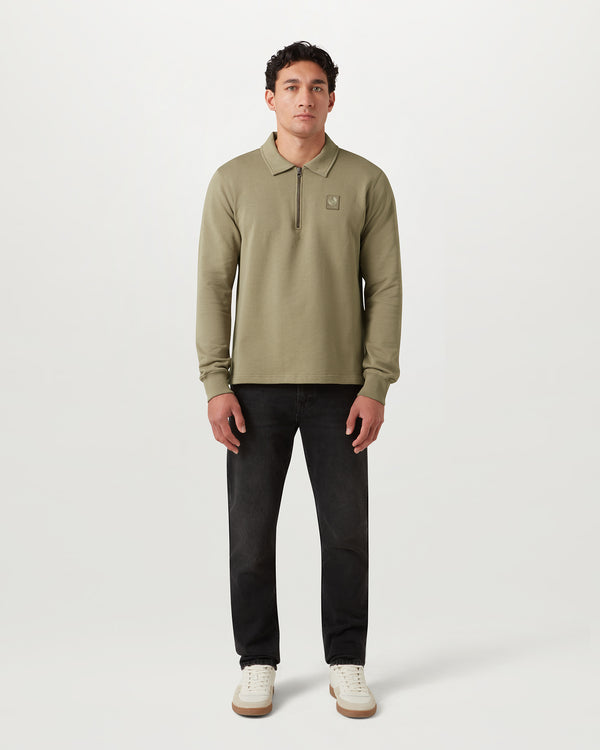 Men's Cotton Fleece Curator Collared Sweatshirt in Fatigue Green | Belstaff US