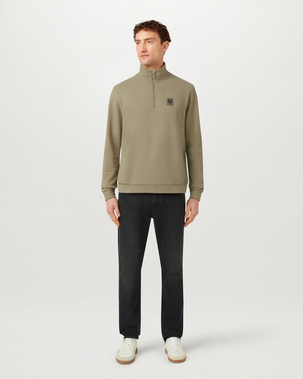 Men's Cotton Fleece Belstaff Quarter Zip Sweatshirt in Fatigue Green | Belstaff US